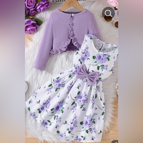 Purple Floral Kids Dress with Bow - Picture 1 of 6